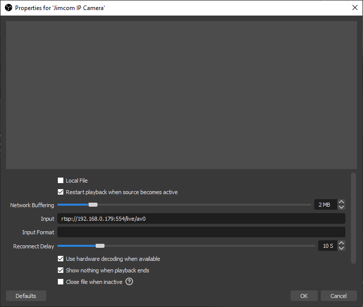 Jimcom OBS Add Media Source RTSP Setting